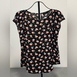 Tahari Black Floral Blouse XS | Short Sleeve Work Top Career Chic